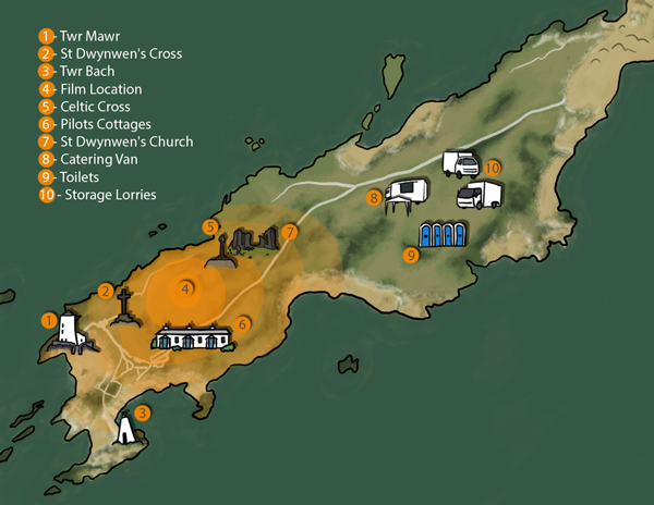 Map of the island, including areas of public interest, filming location and miscellaneous protected areas